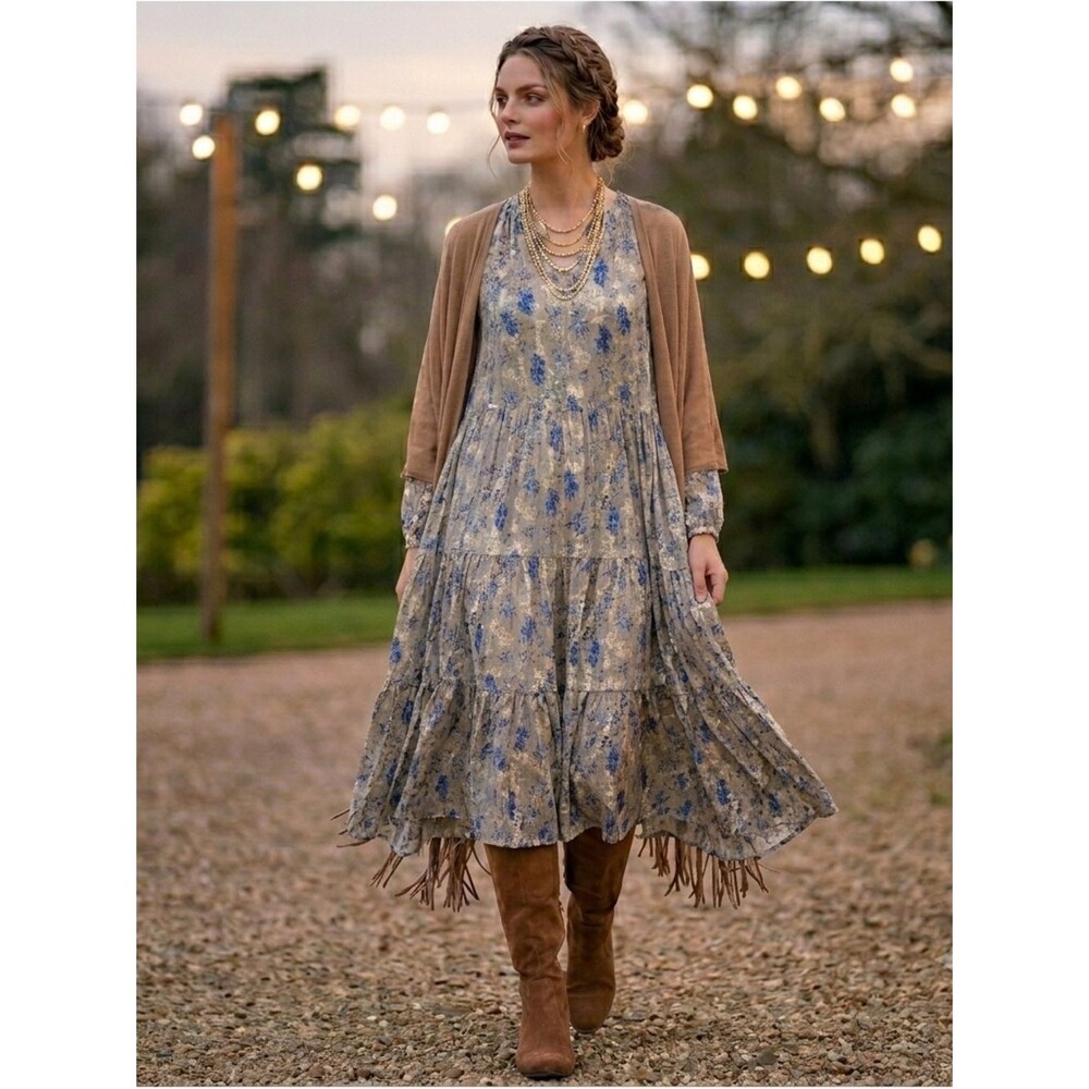 A New Day Women’s Long-Sleeve Mock Neck Floral Print  3 Tiered Maxi Dress – XS